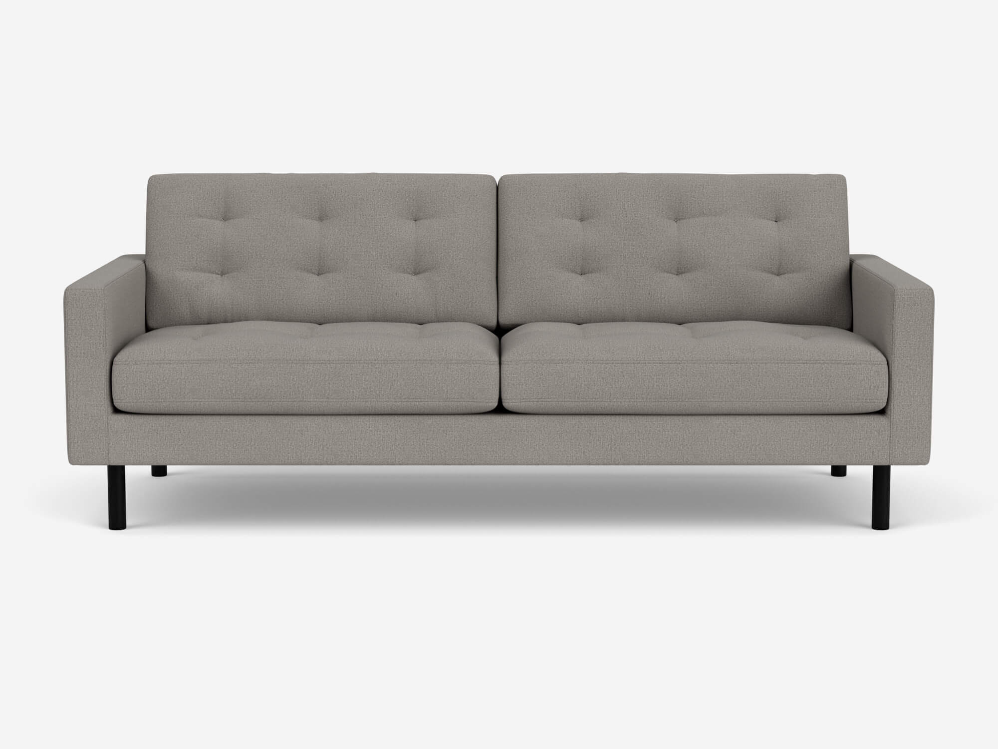 Front view of grey tufted two seat sofa